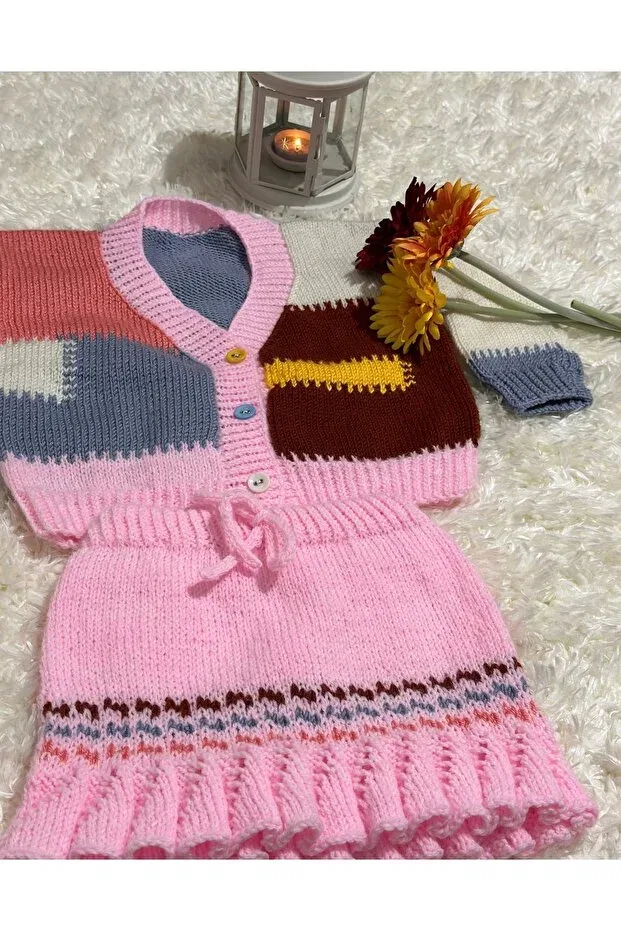 Детский комплект кардигана и юбки с геометрическим принтом Tt Tasarim Atölyesi, Pink