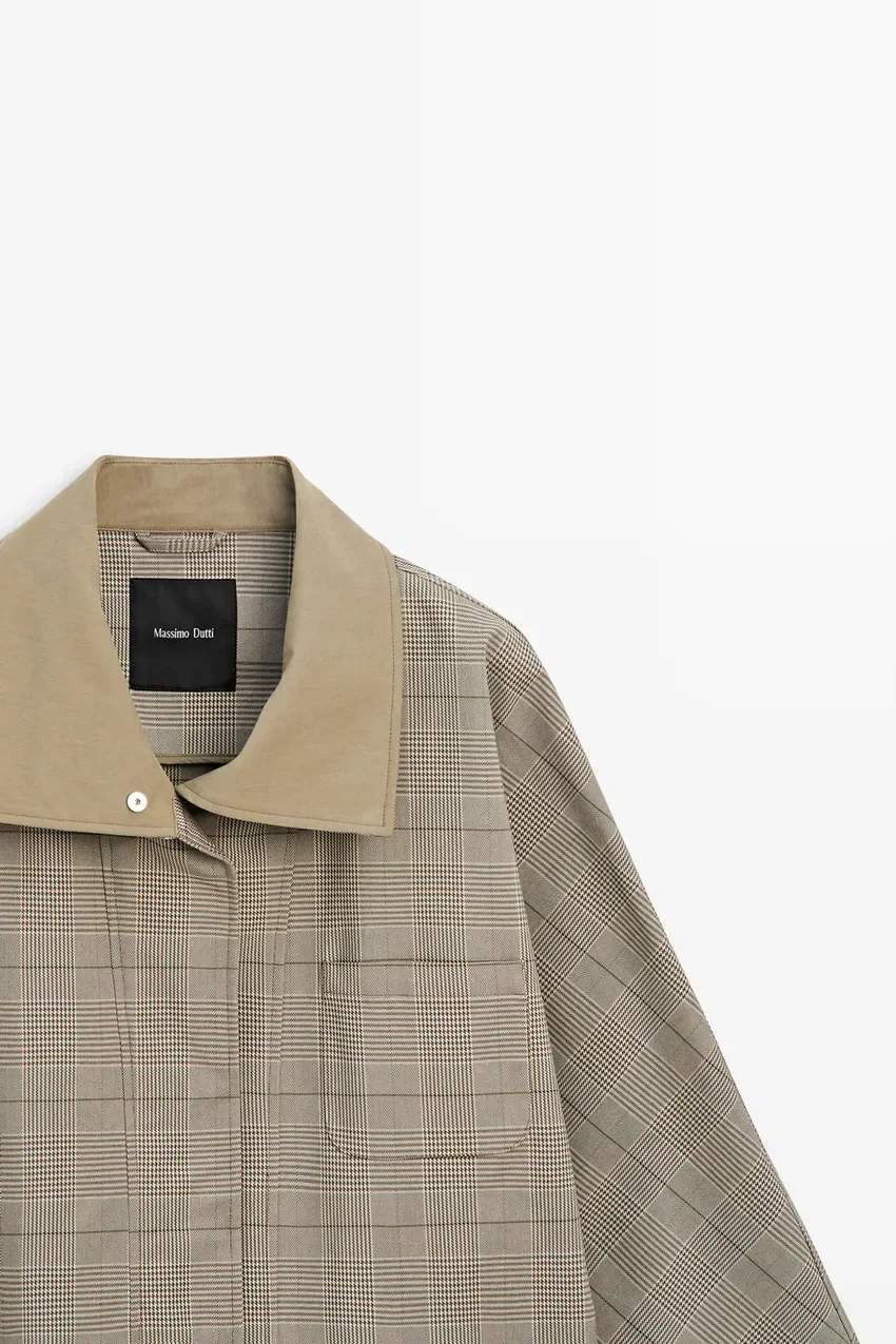 Жакет Massimo Dutti Cotton Blend Plaid High Neck, хаки — фото 2