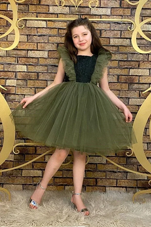 Детское вечернее платье для девочек с пайетками из тюля Abiyekids, Khaki — фото 3