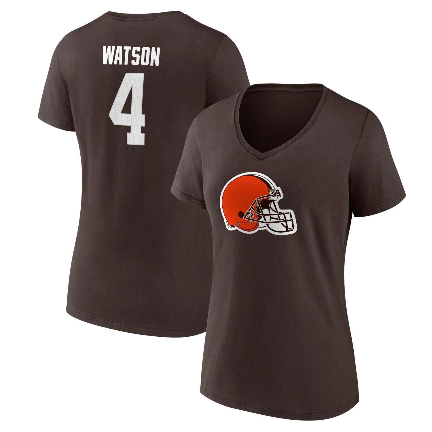 

Женская футболка Fanatics с логотипом Deshaun Watson Brown Cleveland Browns, значок игрока, имя и номер, с v-образным вырезом Fanatics