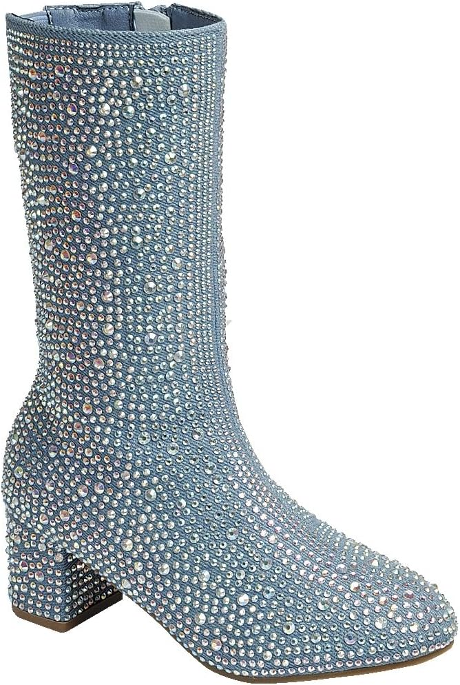 

Сапоги ABSOLEX для девочек с круглым носком, стразами, до колена, на низком широком каблуке, Blue Denim