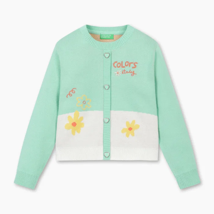 Детский вязаный пуловер Flower Garden, мятный, от Benetton Kids