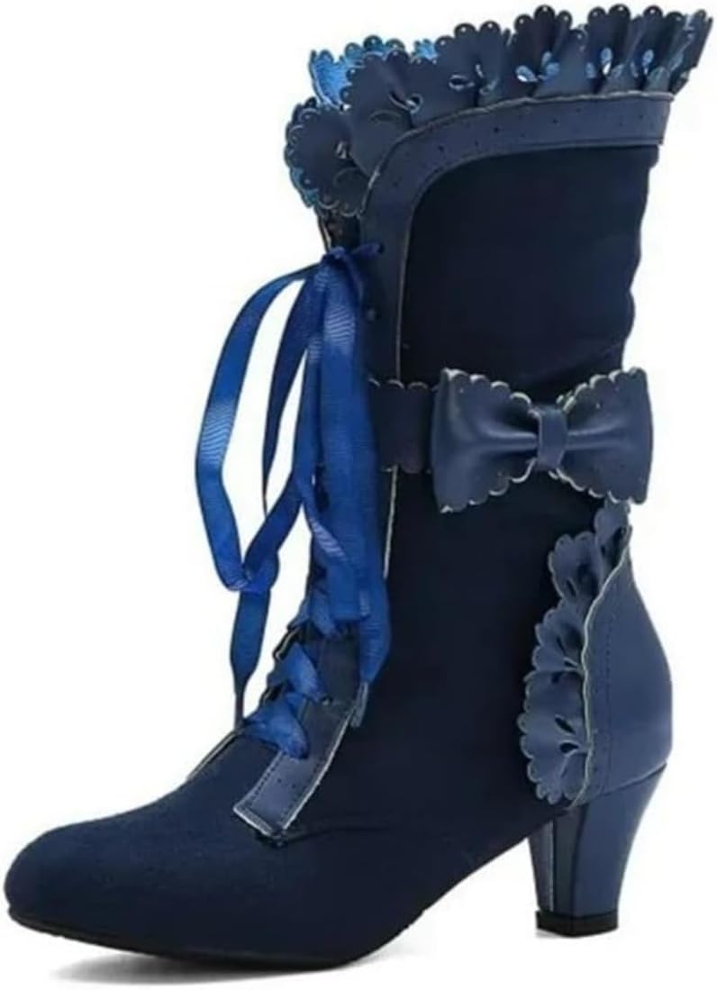 

Викторианские ботинки для женщин с винтажным бантом, оборками и массивным каблуком, шнуровкой, готические ботинки, костюмные ведьмины, кубинский каблук, ботинки до середины икры с молнией Baxtayel, темно-синий