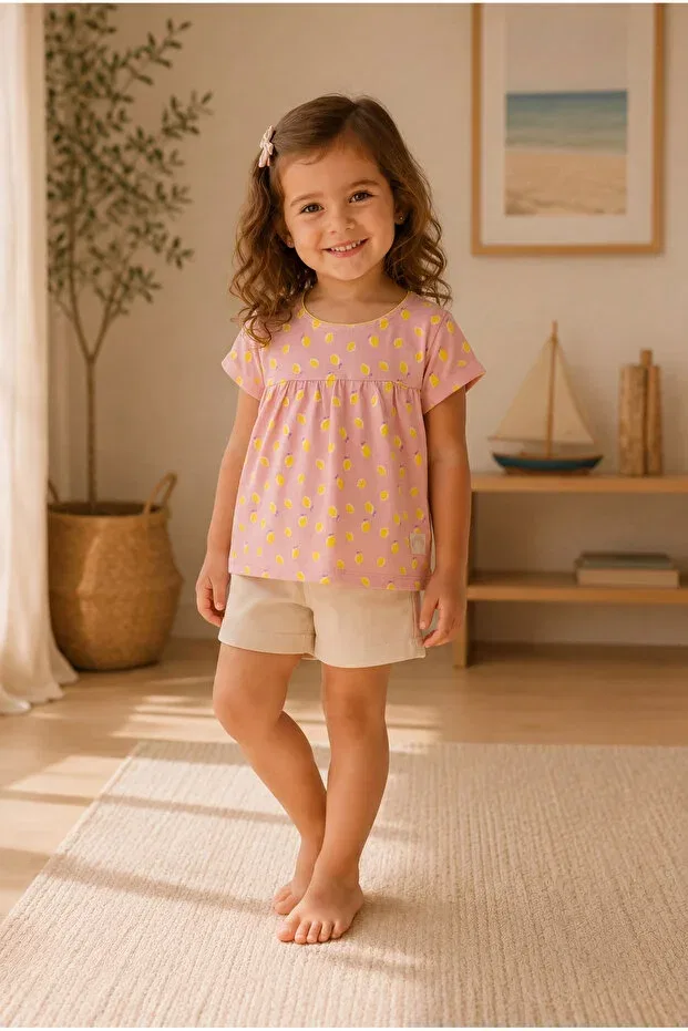 Детская футболка для девочек хлопковая Lemon Printed Powder Zumi Baby Kids, Pudra (Limon Baskılı)