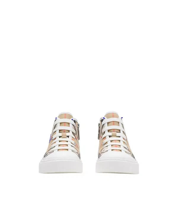 Детские кроссовки на высокой подошве с принтом Unisex Check Cotton High-Top Sneakers Burberry, Sand Beige — фото 2