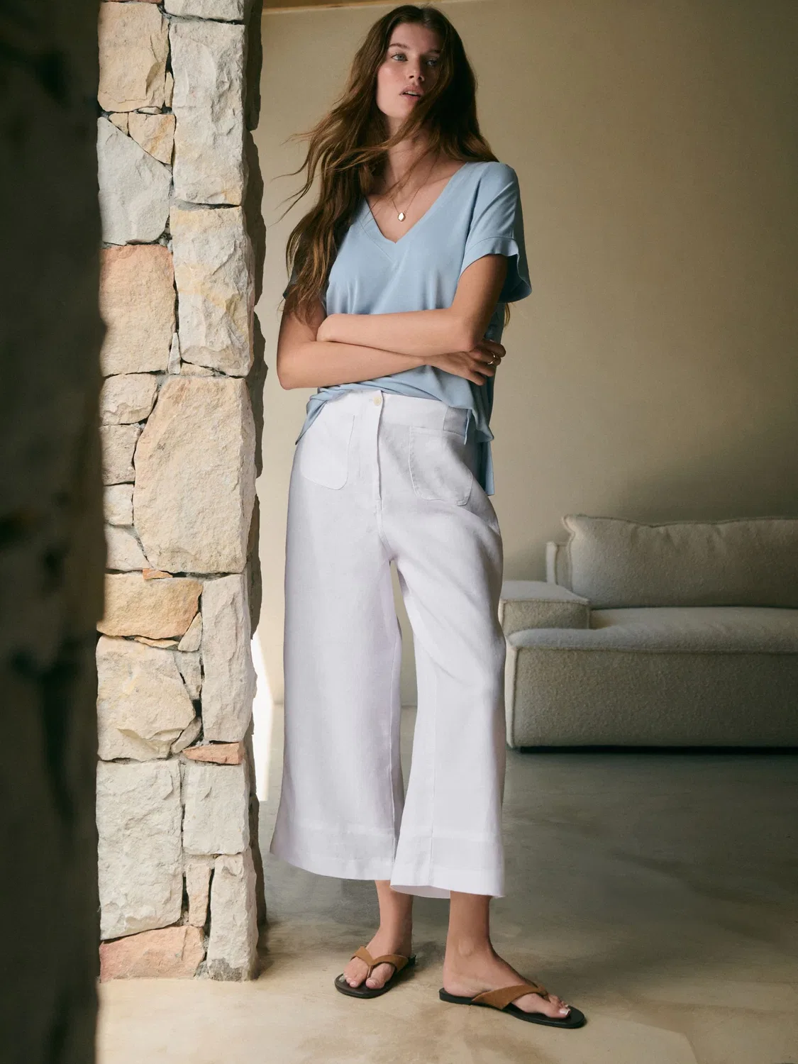 Брюки широкие укороченные из льна, Premium Linen Next, белый — фото 2