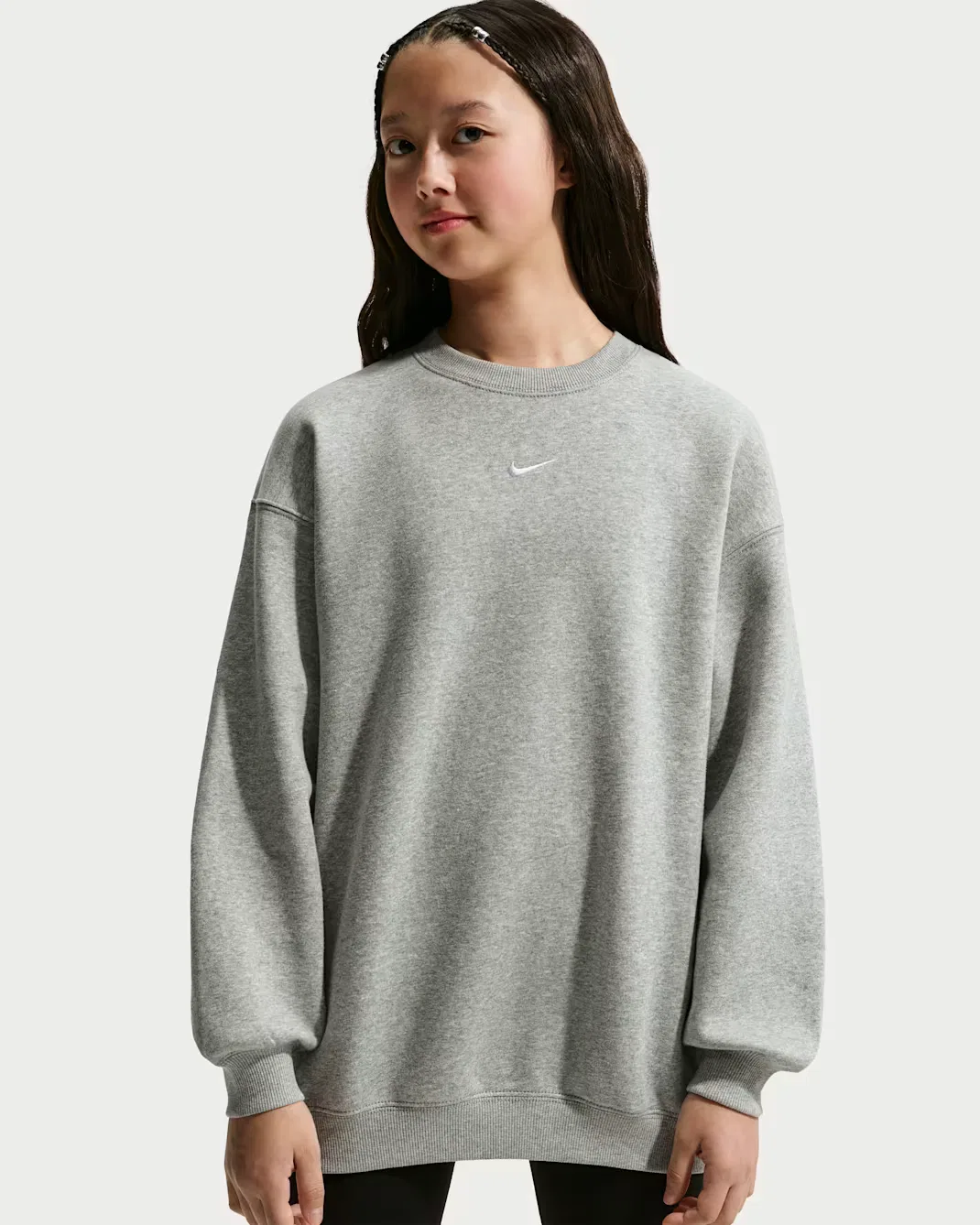 Детская толстовка оверсайз с круглым вырезом для девочек (подростков) Nike Sportswear Studio, Dark Grey Heather/White — фото 3
