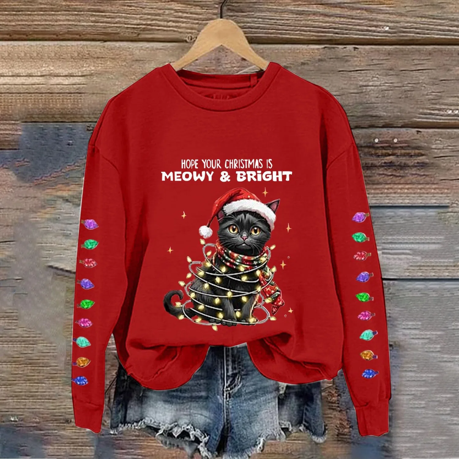 Женский свитшот с принтом Christmas Tree Funny Cat Say What HUIFUAO, Z03 Red — фото 2