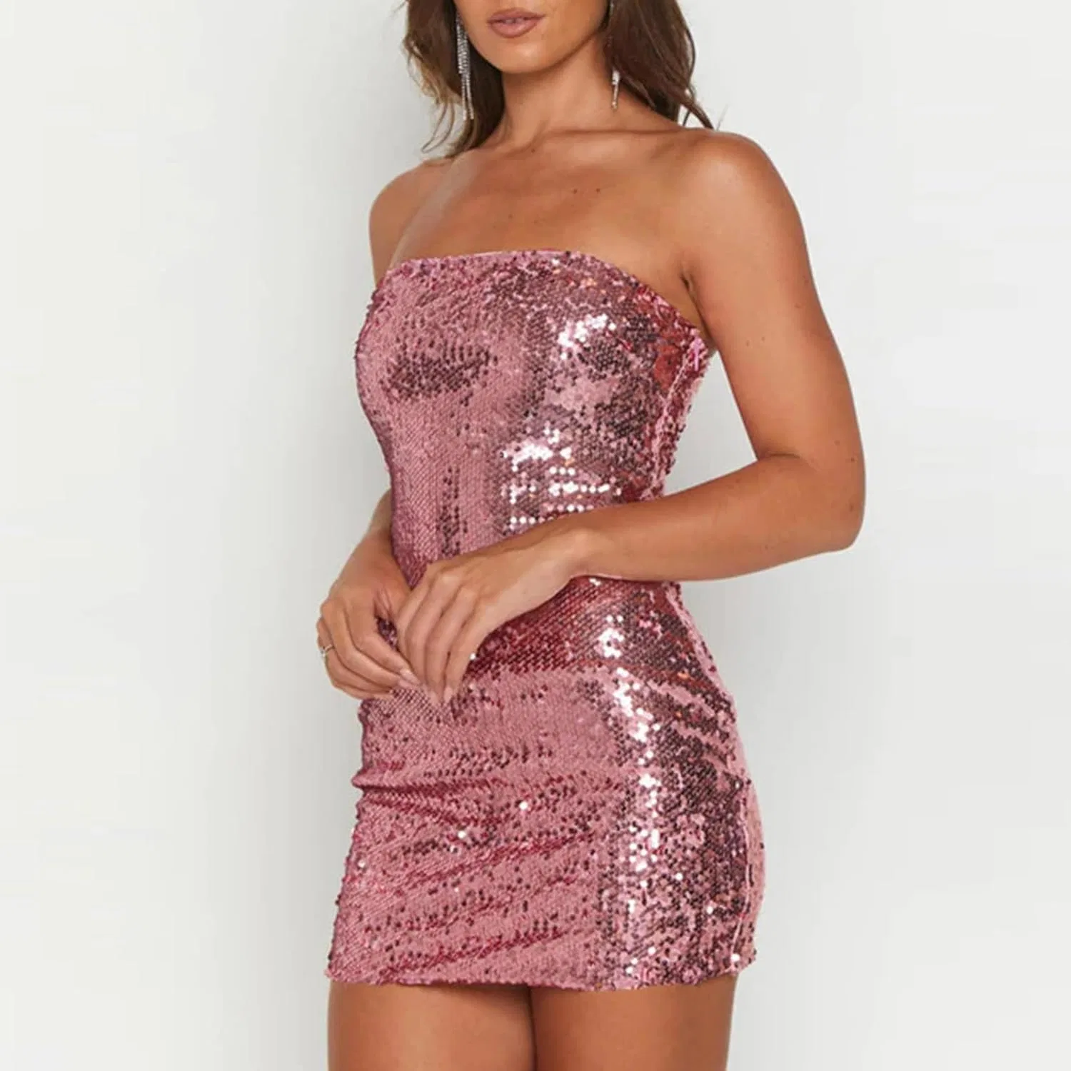 Женское блестящее мини-платье с пайетками Bodycon, Beige — фото 2