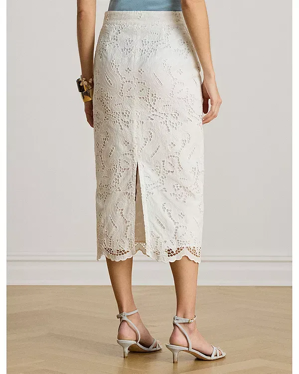 Женская юбка с вышивкой Paisley Eyelet Midi Pencil Skirt Ralph Lauren, белый — фото 3