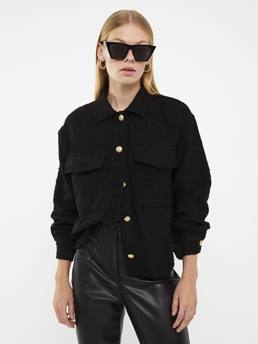 

Прямая застежка на пуговицы спереди с длинным рукавом твидовая Женская куртка-рубашка LCW Vision, Черный, Прямая застежка на пуговицы спереди с длинным рукавом твидовая Женская куртка-рубашка LCW Vision