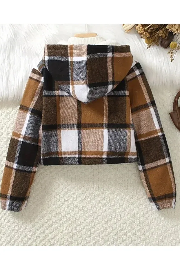 Детское пальто для девочек с принтом Unisex Zippered Plaid Plush Coat Shop, Orange — фото 2