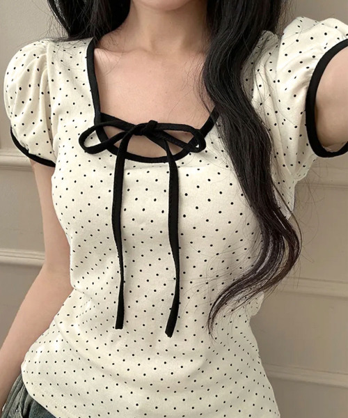 

Футболка с коротким рукавом и пышными рукавами в горошек VIVID LADY, кремовый