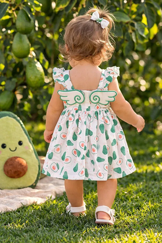 Детское платье для девочек с принтом Avocado patterned wing figured Mika Bebek & Çocuk, Green White — фото 2