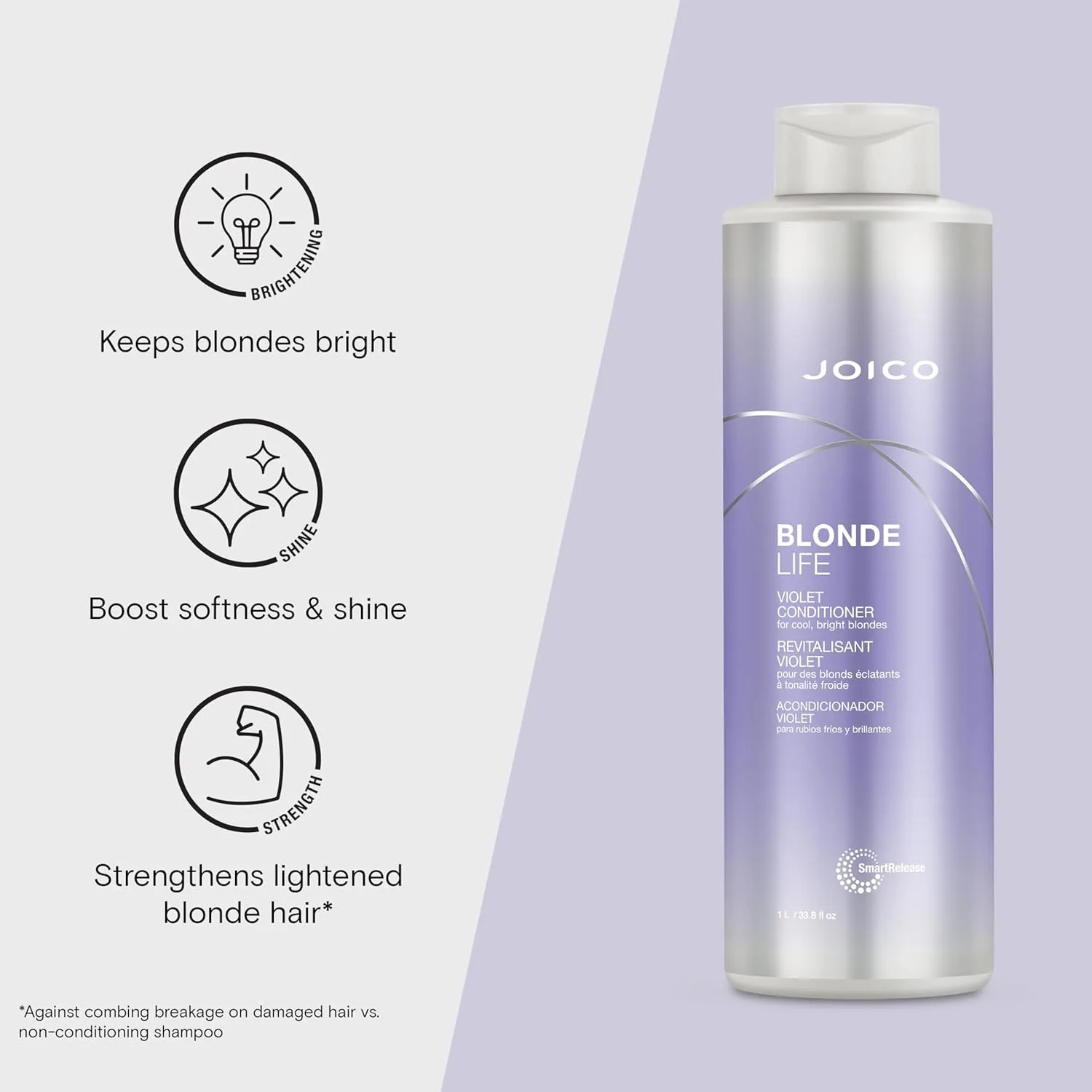 Joico Blonde Life Violet шампунь и кондиционер для холодных и ярких блондинок, нейтрализует медные и желтые оттенки, усиливает блеск, без сульфатов, с маслом монои и таману — фото 3