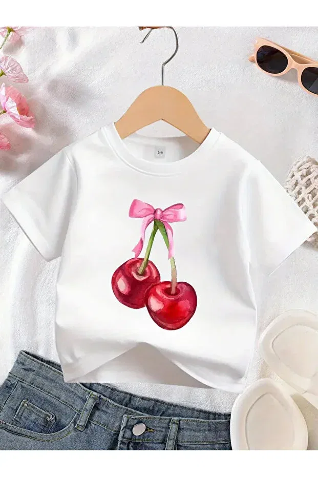 Детская футболка для девочек с принтом Cherry Printed White T-Shirt Haha, White