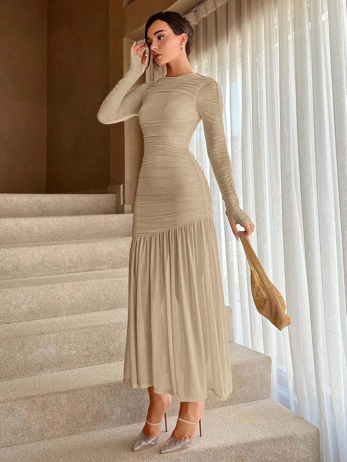 Женское элегантное платье A-силуэта с длинным рукавом, Khaki — фото 4