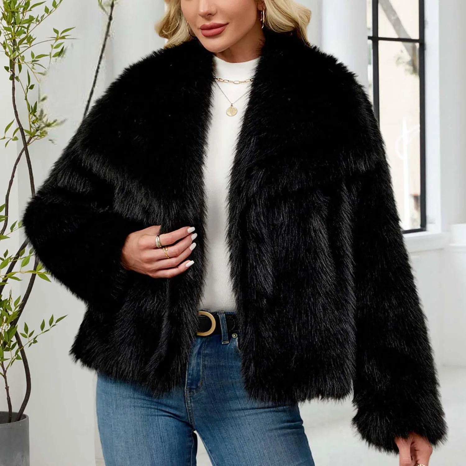 Женское пальто с длинным рукавом Winter Coats Women UK Short Faux Fur Jacket, B nero — фото 2