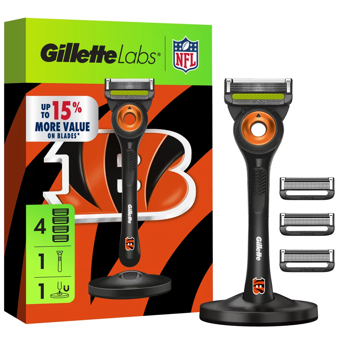 Бритва мужская ручная с 4 лезвиями и магнитной подставкой GilletteLabs + NFL Special Edition Cincinnati Bengals