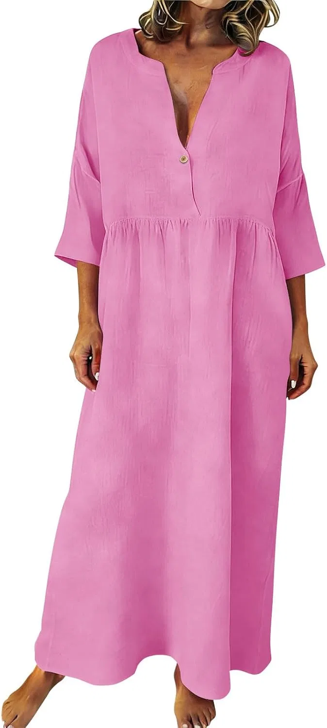 Женское летнее макси-платье с V-образным вырезом и пуговицами Cotton Linen, Pink