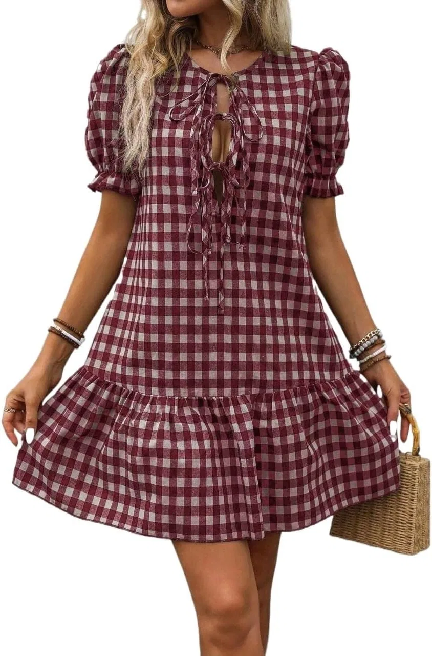 Женское мини-платье с рюшами Smock Plaid, Red