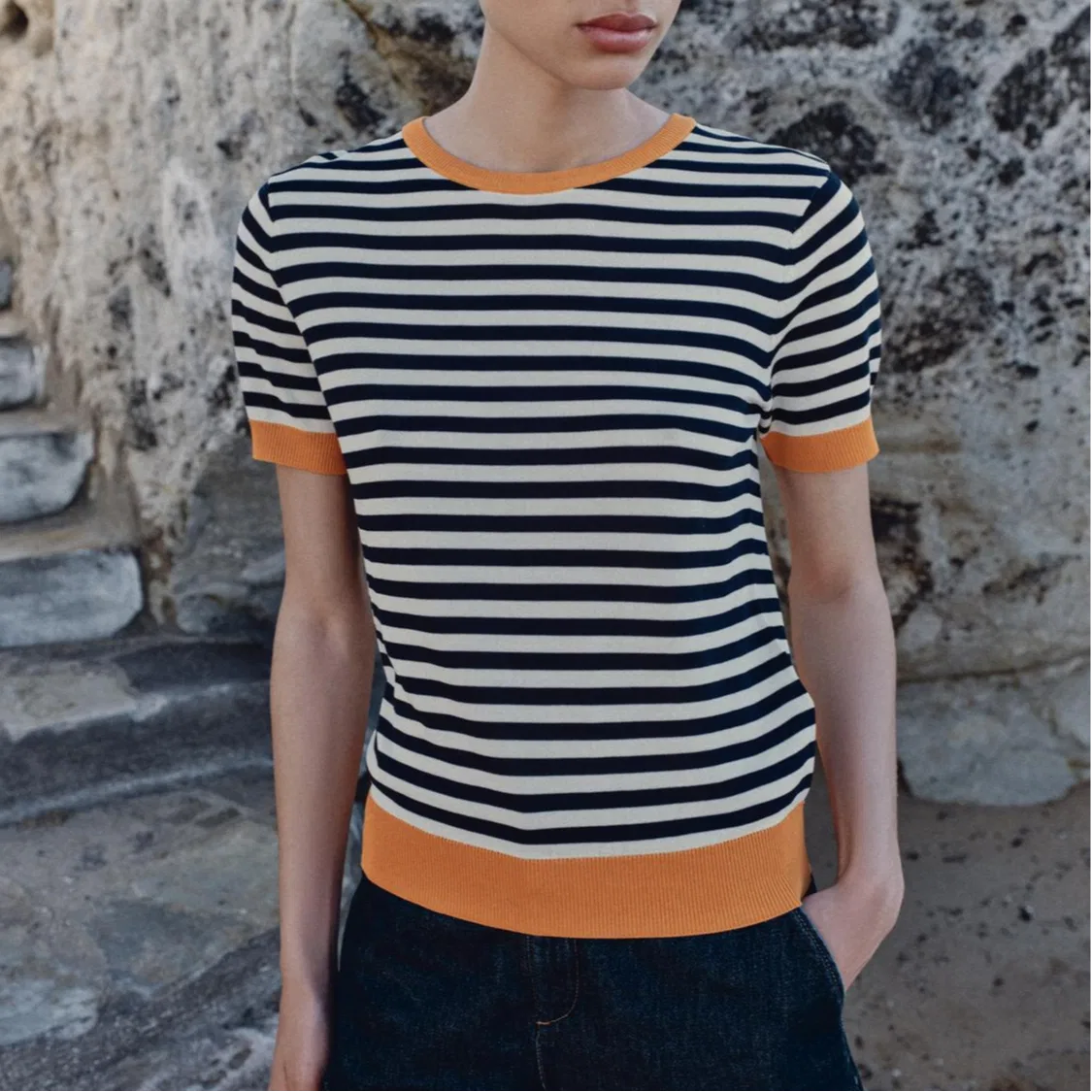 Женский свитер с круглым вырезом Orange White ZARA, Orange White — фото 4
