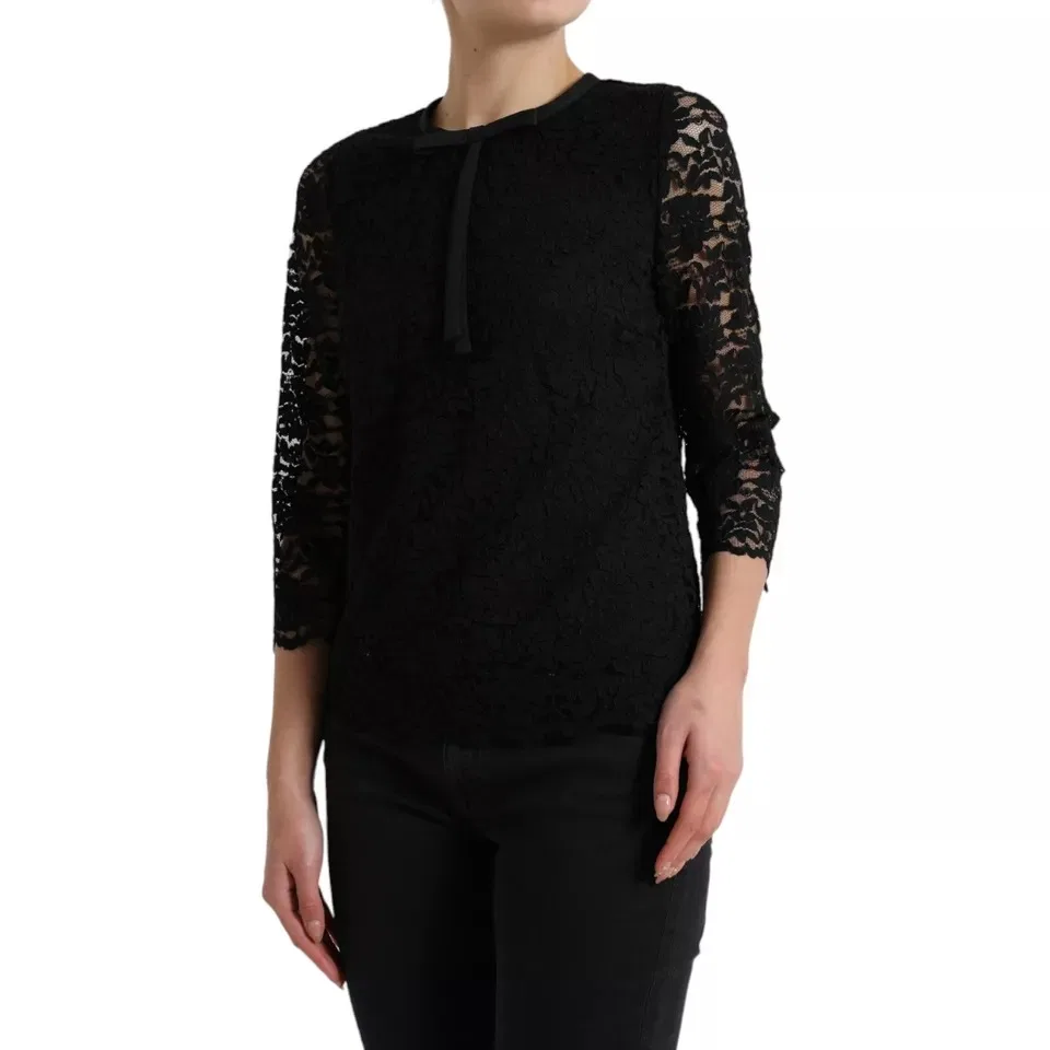 Женская блузка с длинным рукавом из шелка с цветочным кружевом Staff Top Dolce & Gabbana, Black Floral Lace