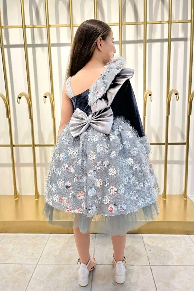 Детское вечернее платье для девочек с пайетками A-line Миди Anthracite sequined single sleeve girl's velvet evening dress Mika Bebek & Çocuk, Anthracite — фото 3