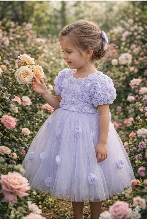 Детское платье для девочек с принтом Rose Embossed Tulle Piece Style Abiyekids, Lilac — фото 2