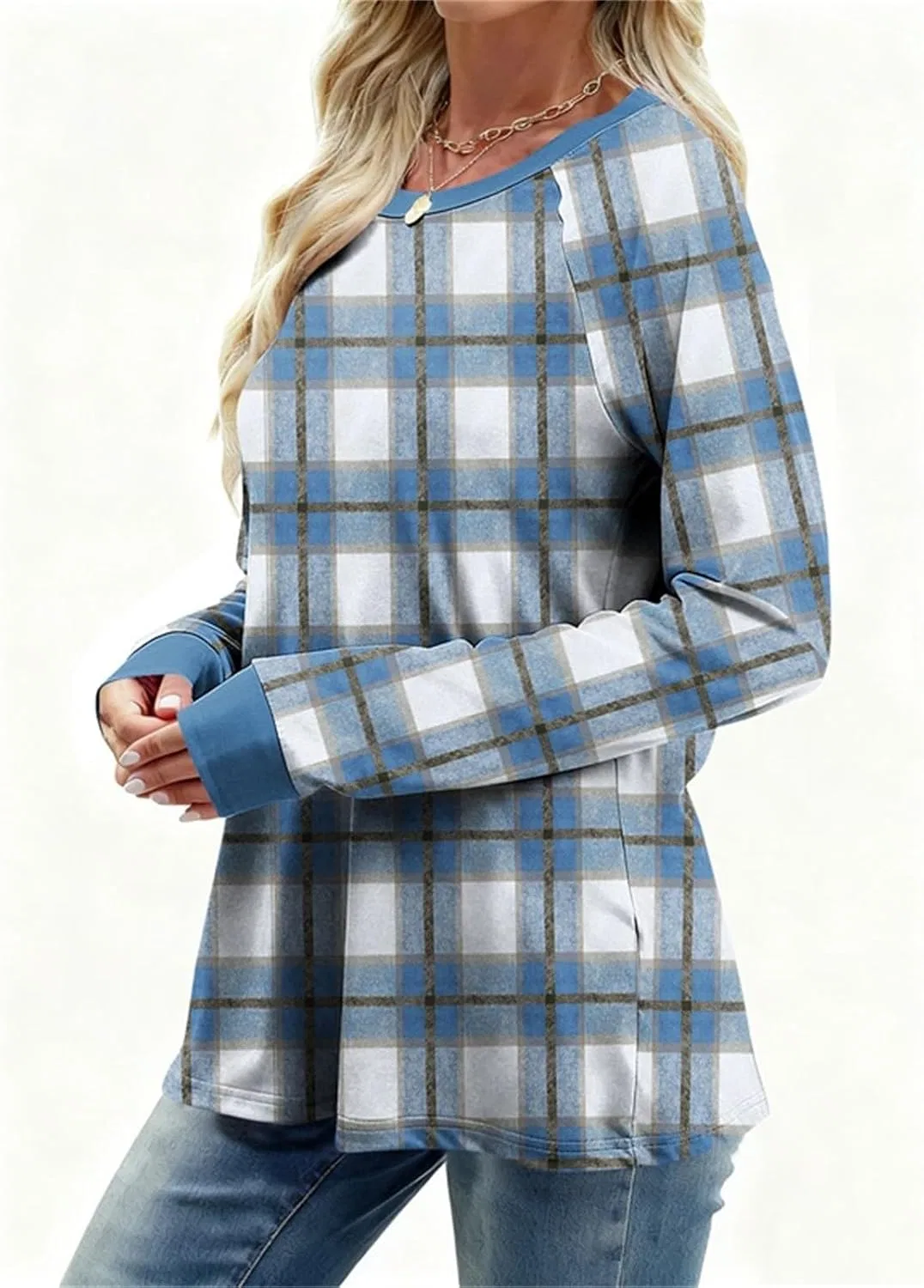 Женский свитшот с принтом Plaid Print, 1-Blue — фото 4