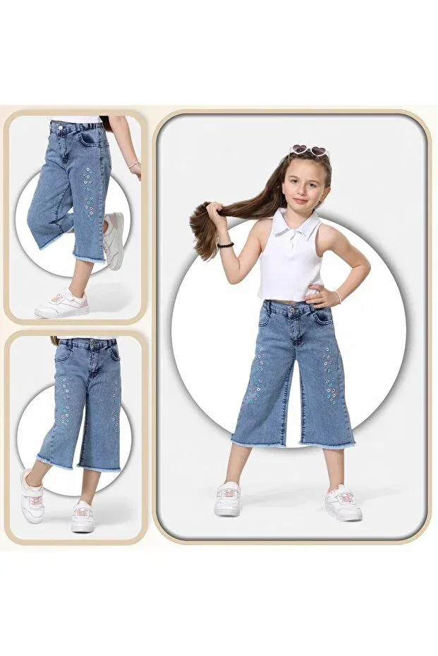 Детские шорты для девочек с вышивкой Sprinkled daisy embroidered-cotton-leg feather detailed-girl's bermuda Modiclas, Blue