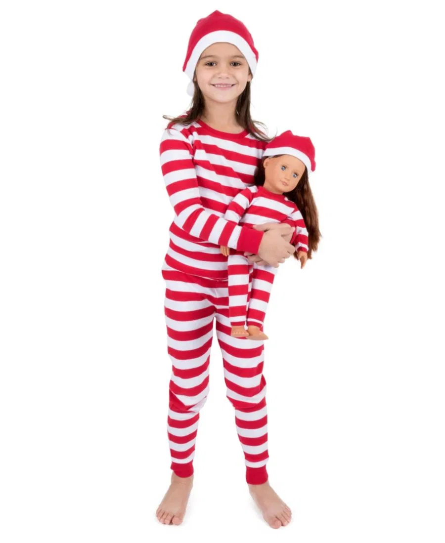 Комплект пижам из хлопка для девочки и куклы, с принтом Leveret, Striped Red & White With Hat — фото 2