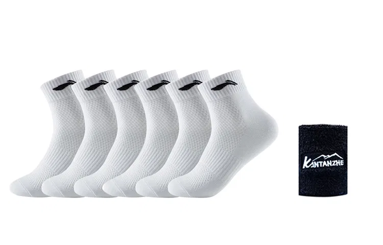 Детские носки с длинным голенищем 6 пар, 6 Pack (White Socks)+KTZ Black Wrist Brace, Li-Ning
