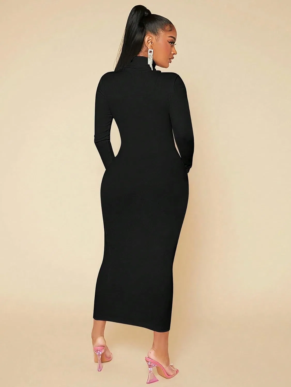 Женское облегающее платье с высоким воротом Bodycon, Black — фото 2