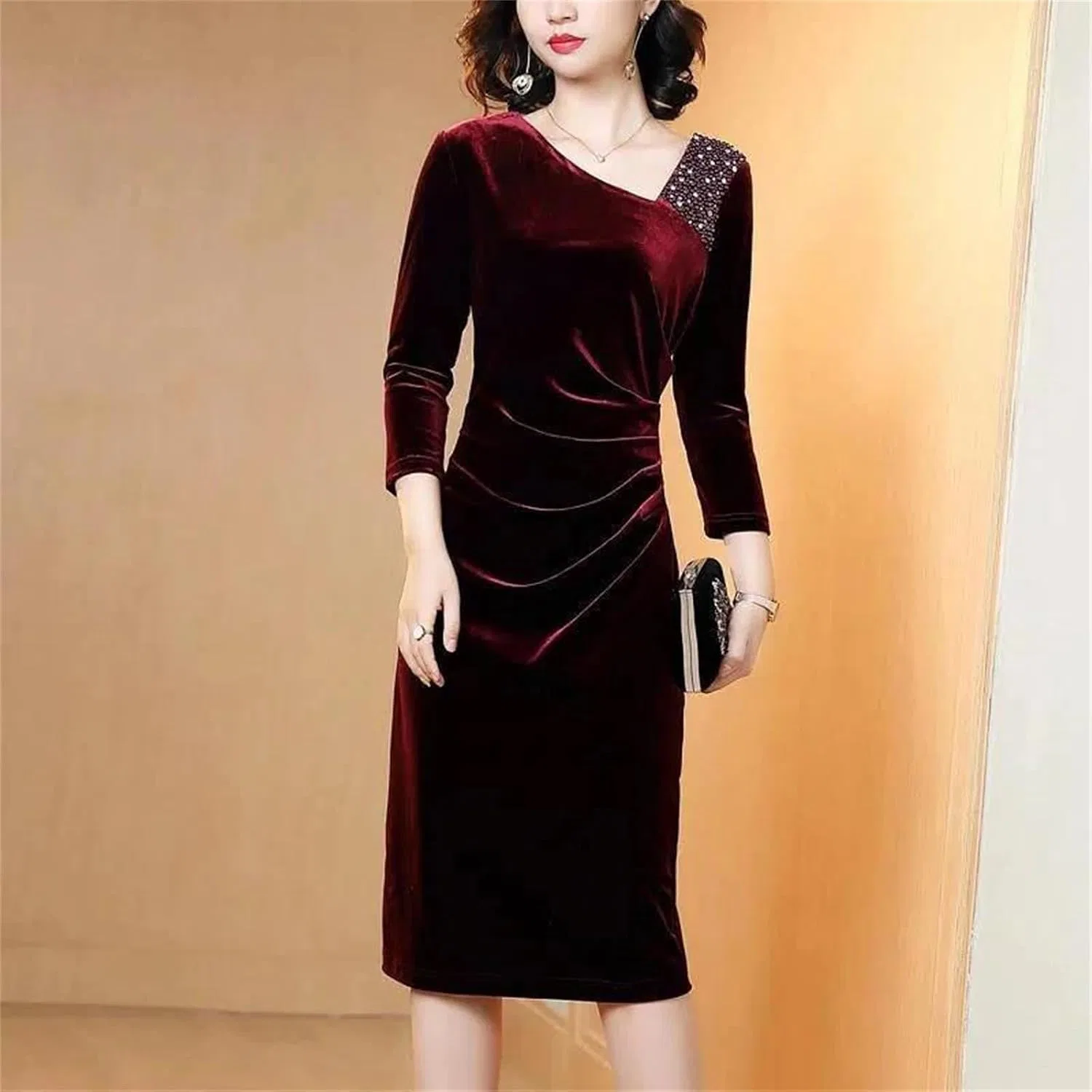 Женское облегающее платье из велюра с запахом Bodycon, Wine Red — фото 4