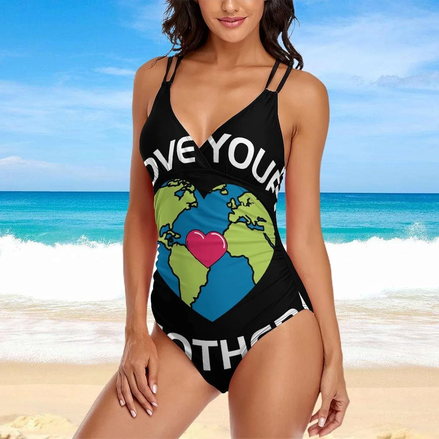 Женский слитный купальник V-образным вырезом с утяжкой живота, Love Your Mother Earth102 — фото 2