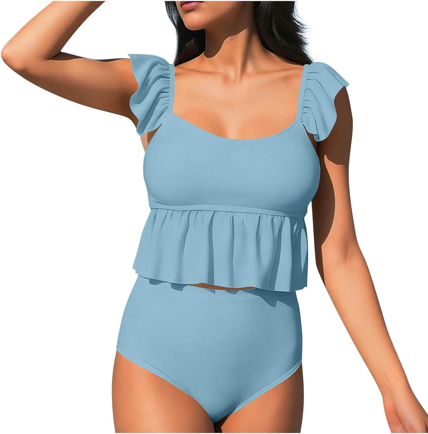 Женский танкини с рюшами, Square Neck, Light Blue