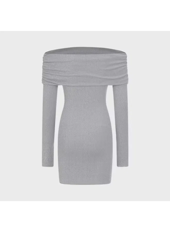 Платье с открытыми плечами с вертикальными полосками и блеском, Zara, серебристый — фото 3
