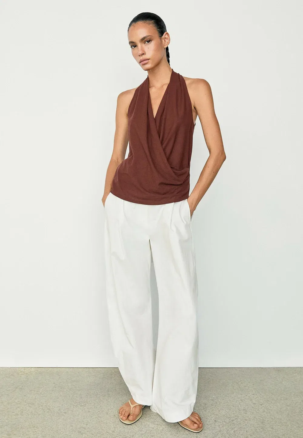 Топ с драпировкой и запахом из 100% хлопка Massimo Dutti, Mottled Dark Red — фото 2