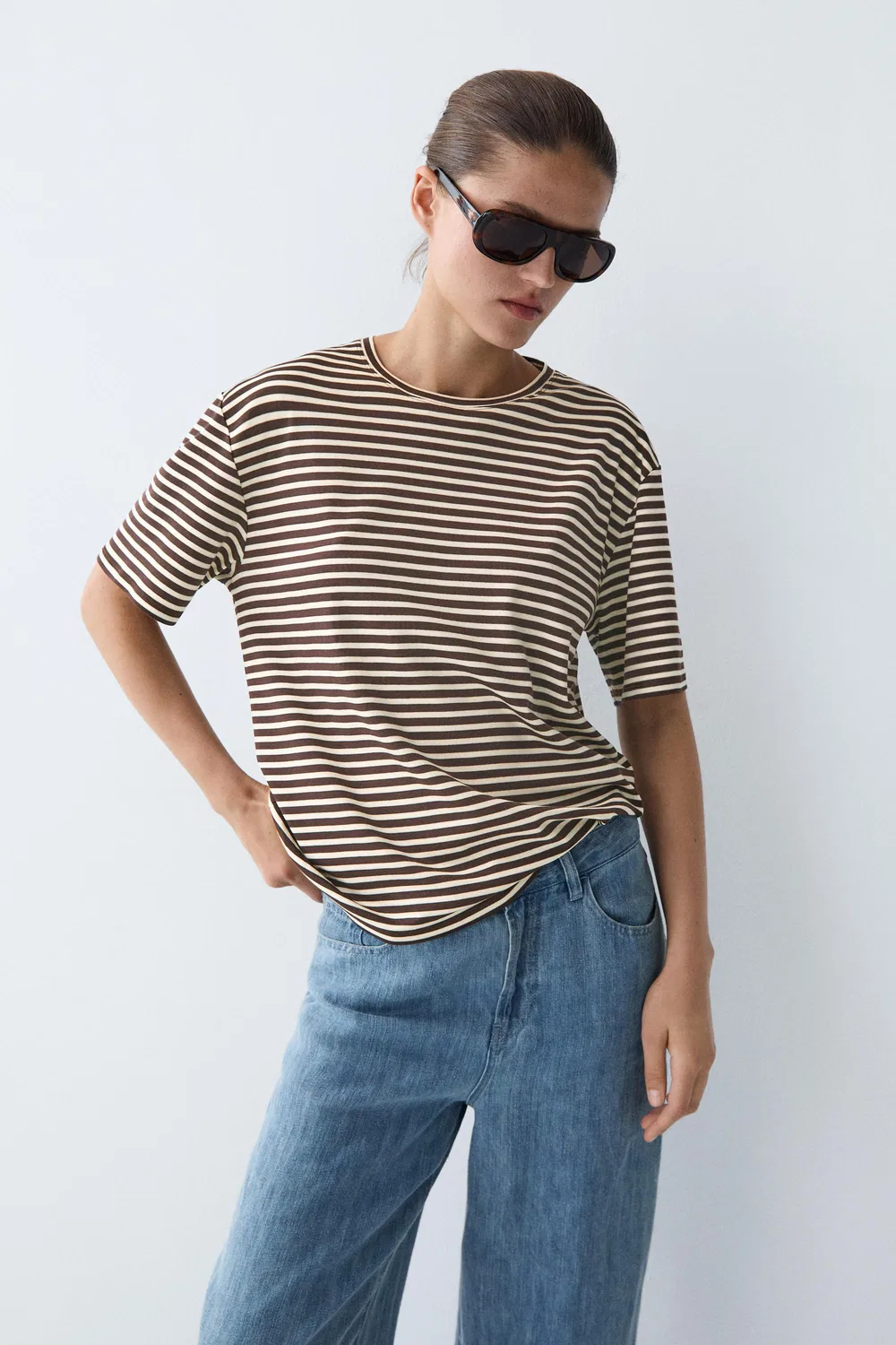 Футболка Massimo Dutti 100% Cotton Striped Short Sleeve, коричневый