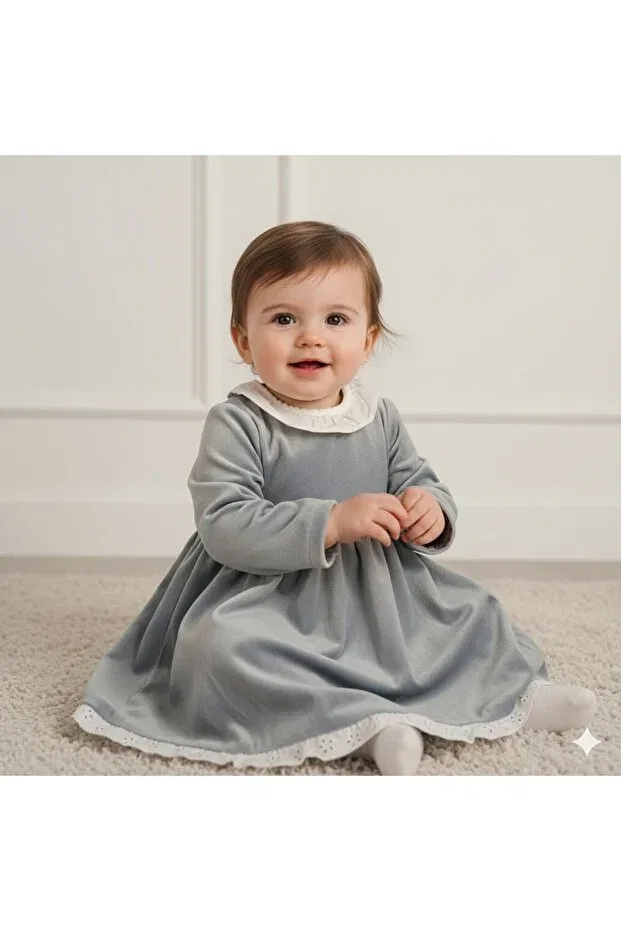 Детское платье для девочек с длинным рукавом Velvet baby dress Cassiope Baby, Sea Blue — фото 2