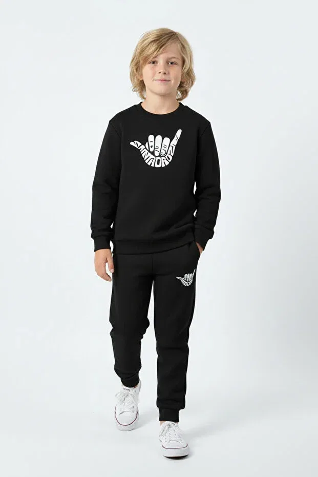 Детский спортивный костюм для мальчиков с принтом 3 yarn winter round neck print detail shaa fleece-lined piece Fyk Kids, Black-Blue-Grey — фото 3