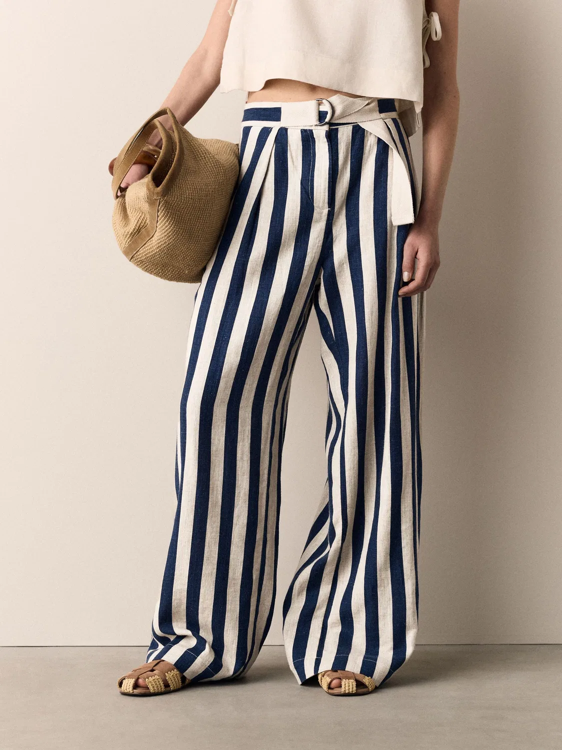 Брюки прямого кроя Linen Blend Wide Leg Trousers Next, Navy Blue/Stone Stripe — фото 3