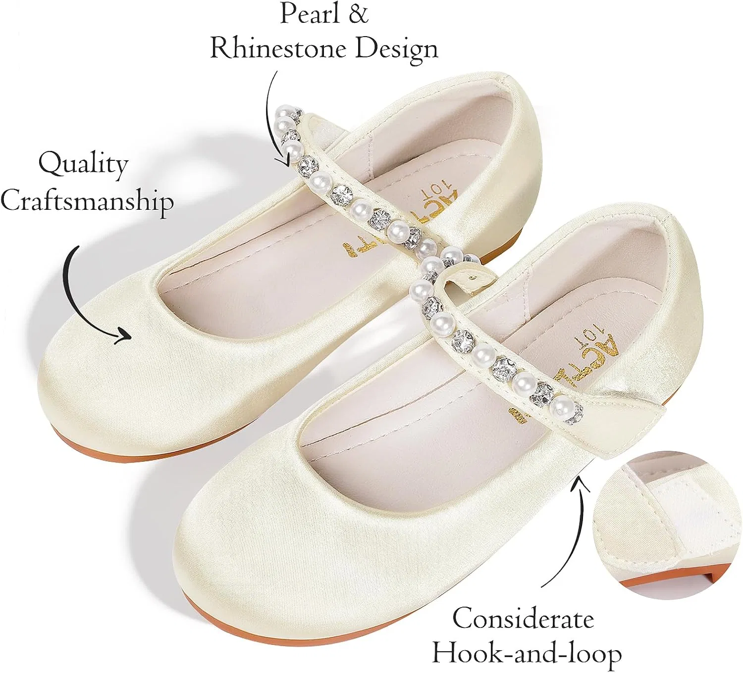 Детские балетки для девочек с принтом цветов Mary Jane Flats KDVOG, Ivory Satin — фото 4