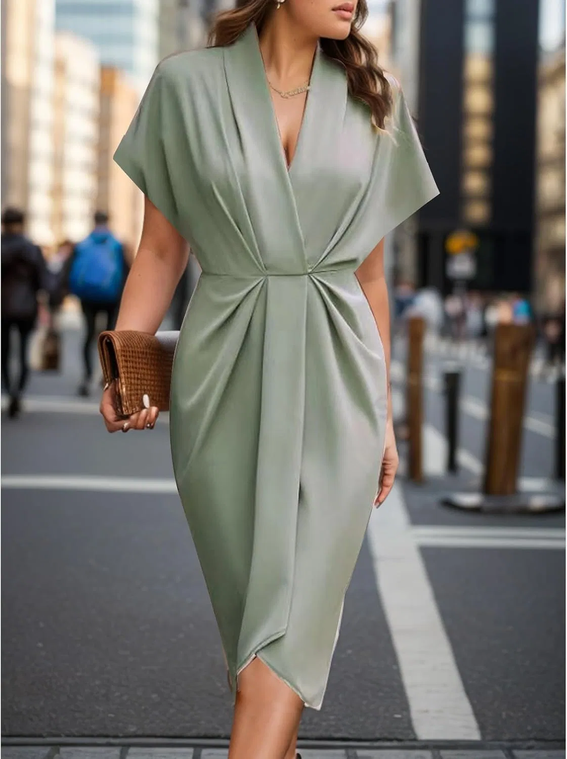 Женское летнее платье свободного кроя V-образным вырезом, Light Green — фото 3