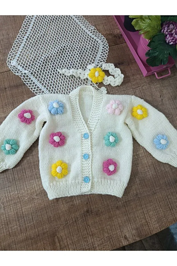 Детский кардиган с цветочным принтом El Örgüsü Cici Bebe, Nude Color