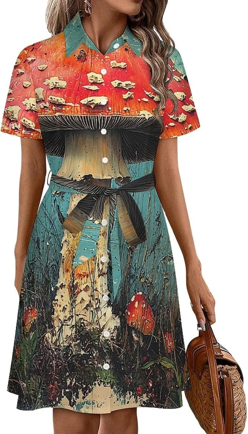 Женское летнее платье-рубашка с коротким рукавом, с поясом, Mushroom Vintage, белый