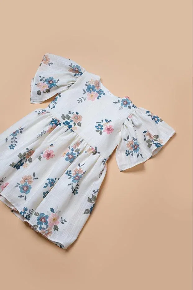 Детское платье для девочек с принтом Floral Retro Eid Dress Little Pumpkin, White — фото 2