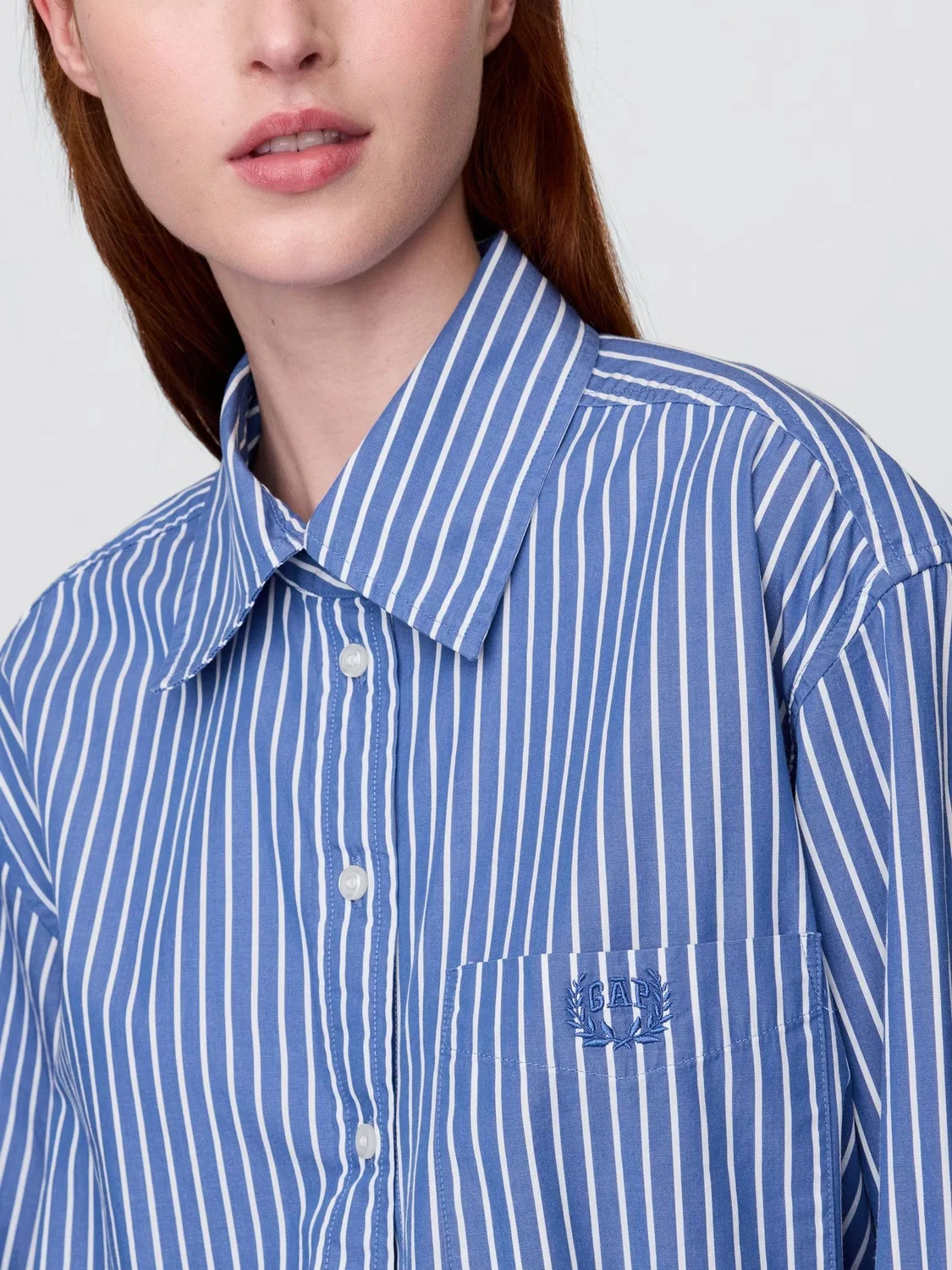 Рубашка оверсайз, полосатая, Poplin Oversized Shirt Gap, синяя полоска — фото 4