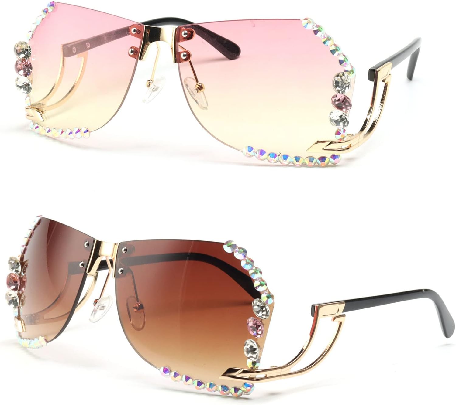 

Солнцезащитные очки Willochra без оправы со стразами, женские солнцезащитные очки большого размера без оправы с градиентными линзами и алмазной огранкой, для вечеринок, 2pcs-brown&pink